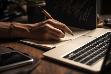 Generative AI : Online learning Eeducation concept Close up of business man hand writing on notebook while working on laptop computer digital tablet mobile smart phone on table Stuの素材