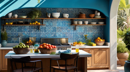 Generative AI : Outdoor kitchen Kitchenware on blue wooden wall kitchen in the flowers gardenの素材