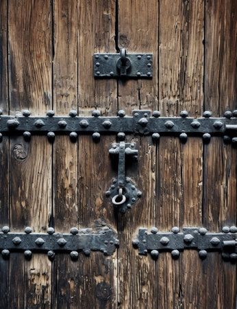Generative AI : Padlock on ancient style wooden door close upの素材