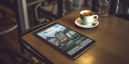 Generative AI : Mock up image of casual man hand using stylus pen touching on blank screen digital tablet computer in coffee shop or restaurant for mobile app advertising web desigの素材