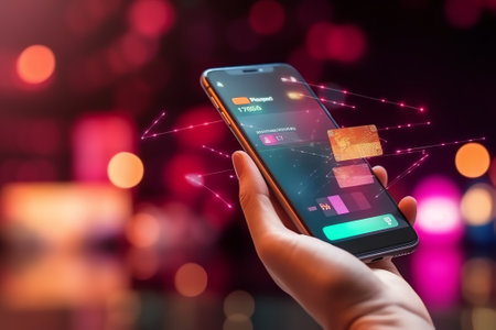 Generative AI : Online Shopping on Laptop and mobile banking using credit card and mobile phone app Ecommerce concept Close up woman hands using smartphone searching online productの素材