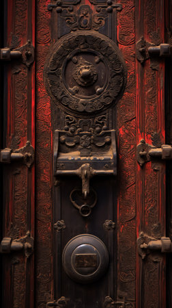 Generative AI : Padlock on ancient style wooden door close upの素材