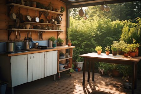 Generative AI : Outdoor kitchen Kitchenware on blue wooden wall kitchen in the flowers gardenの素材