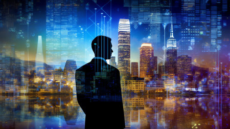 Generative AI : IoT Internet of Things Double exposure of business man working on laptop computer and night city view and internet network wireless communication technology smart cの素材