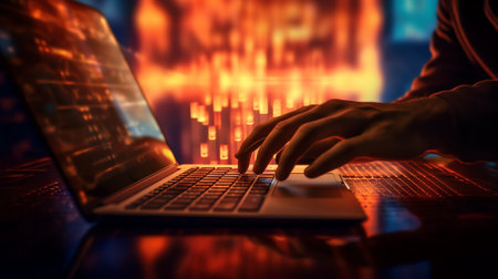 Generative AI : Ransomware cyber security concept double exposure of man working on laptop computer and cityscape with technology code background of cyber security icons and internの素材