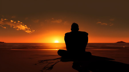 Generative AI : Silhouette of a man kneels on the ground with hands raised and sunrise sky backgroundの素材