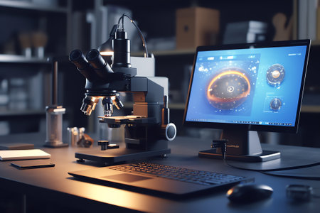 Generative AI : Scientist working on laptop computer and using digital tablet with microscope Doctor or technician recording lab test on laptop computer in hospital laboratory closの素材