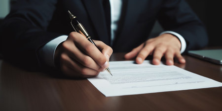 Generative AI : Signing contract business agreement deal concept Businessman signing official contract formal document close up front view Man manager proofing terms and conditionの素材
