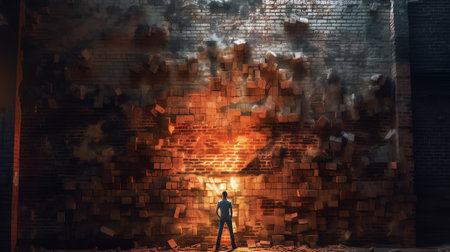 Generative AI : Silhouette of man outside the broken old brick wall with room for text transformation concept life transformation