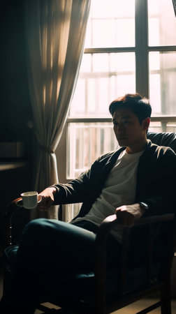 Generative AI : Smiling casual asian man or hipster leaning on armchair relaxed messaging on mobile smart phone with cup of coffee on table waiting for someone in cafe or coffee shの素材
