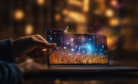 Generative AI : Wireless network communication social media 40 digital technology development concept Double exposure of man using mobile phone and laptop computer and smart city wの素材