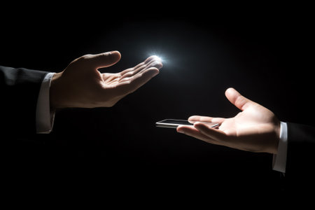 Generative AI : Two business men hand using mobile smart phone isolated on white background mockの素材