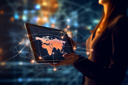 Generative AI : Woman using mobile smartphone with global network connection digital technology development Futuristic technology backgroundの素材