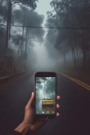 Generative AI : man hand using blank screen mobile smart phone with blurred background of people walking on pathway and car driving on the road in the city internet application onの素材
