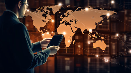 Generative AI : Smart logistics IoT Internet of Things modern trade online shopping business technology concept Man using digital tablet computer map and pin address location on thの素材