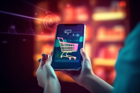 Generative AI : Woman with mobile smart phone Online shopping Women hands using smartphone and point on virtual screen for online shopping Ecommerce global business conceptの素材