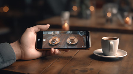 Generative AI : man hand holding blank white screen mobile smart phone in coffee shop with blurred background of wooden counter bar in brown coffee tone close upの素材