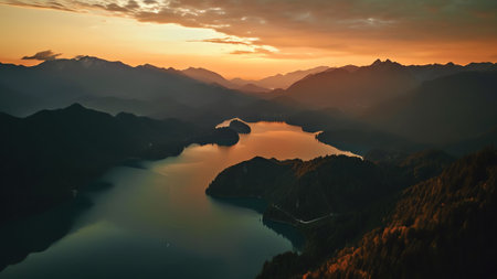 Generative AI : Aerial View of mountain area of Mangart with last golden light hitting the tops Skala Naravni spomenik Mangart Border between Slovenia and Italyの素材
