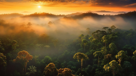 Generative AI : Aerial panoramic view of hazy sunset over lush primary forest in Halmahera Indonesiaの素材