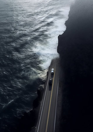 Generative AI : Aerial view of Nordkapp road finnmark Norwayの素材