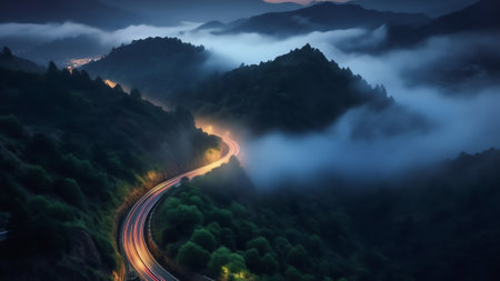 Generative AI : Aerial view from KurokamiDaira viewpoint of a winding road during koyo season at sunrise Nikko Japanの素材
