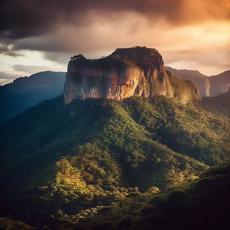 Generative AI : Aerial view of a mountain landscape at sunset in Quixeramobim Cear Brazilの素材