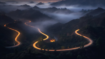 Generative AI : Aerial view of a road across the mountains at sunset with low clouds Himare Vlore Albaniaの素材