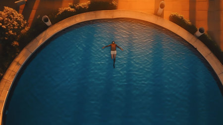 Generative AI : Aerial view of girl diving into swimming pool Sumartin Croatiaの素材