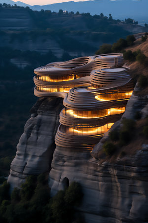 Generative AI : Aerial view of the landscape of Meteora unique rock formations Trikala Thessaly Greeceの素材