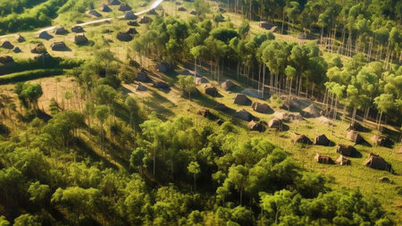Generative AI : Aerial view of trees and open strip with small pond in forestry Hardenberg Rheeze Vechtdal Overijssel Netherlandsの素材