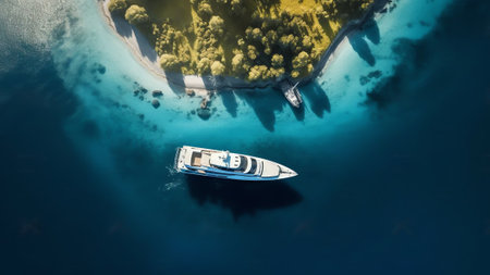 Generative AI : Mal Maldives 21 December 2023 Aerial view of a boat sailing along The Ritz Carlton Luxury Hotel and resort on Fari Island Maldivesの素材