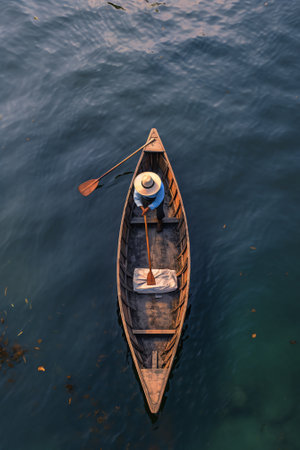 Generative AI : Aerial view of fishing boat along the lake coastline in Golyazi Merkez a small town on a small island on Ulubat Lake Ulubat Golu Bursa Turkeyの素材