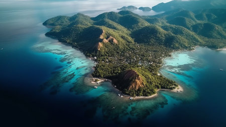 Generative AI : Aerial view of Black Island beachfront on Coron Island Bayan ng Coron Palawan Philippinesの素材