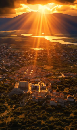 Generative AI : Aerial view of Fethiye Mosque in Ioannina old town along Ioannina lake Epirus region Greeceの素材