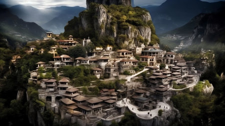 Generative AI : Aerial view of Kastraki town with natural rounded pillars in Meteora a rock formation in Trikala Thessaly Greeceの素材