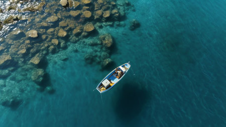 Generative AI : Aerial view of small fishing boats moored off Lake Volvi coastline Mirki Volvi Central Macedonia Greeceの素材