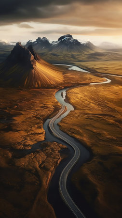 Generative AI : Aerial view of Maelifell mountain at sunset with valley landscape Icelandの素材