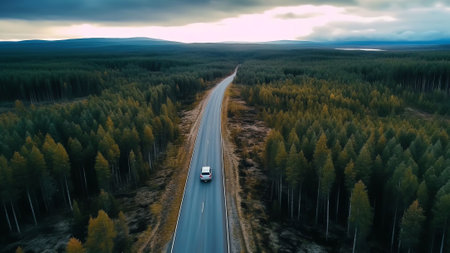 Generative AI : Aerial view of a road surrounded by trees SaxbyLaane County Estoniaの素材