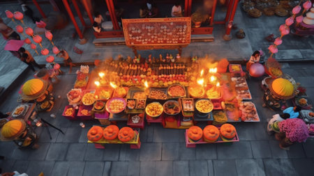 Generative AI : Sonargaon Bangladesh 05 November 2022 Aerial view of people praying and worshipping at Sri Bramhachar temple for Hindu fasting festivalの素材