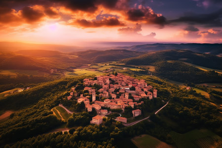 Generative AI : Aerial view of Gologorica old town located on the top of a hill Typical landscape of Central Istria Croatiaの素材