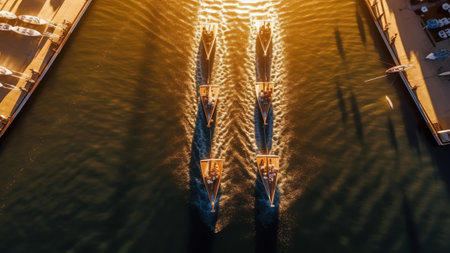 Generative AI : Aerial shot at sunrise of traditional wooden cruise boats on Lake Ashi Hakone Kanagawa Japanの素材