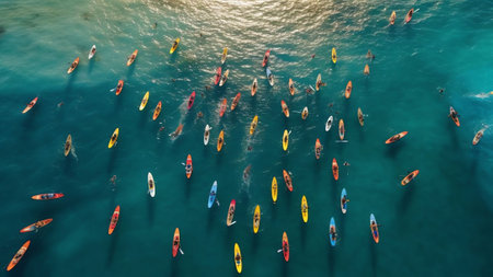 Generative AI : Aerial view of people paddling with long kayak for competition in Hong Kong bay Chinaの素材