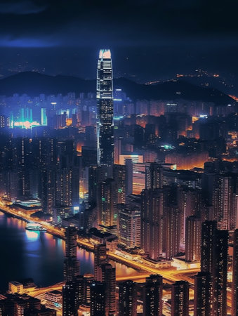 Generative AI : Aerial view of Hong Kong residential district at night with low clouds Kowloon Chinaの素材