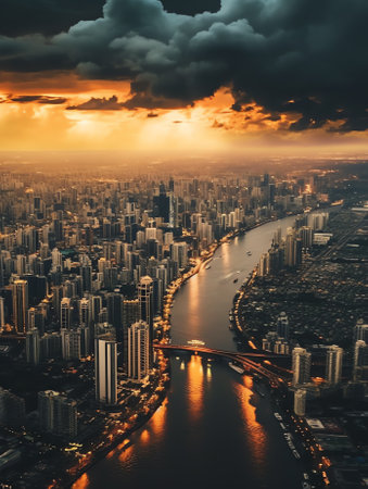 Generative AI : Aerial view of a bridge over the Chao Phraya River in Bangkok Thailandの素材