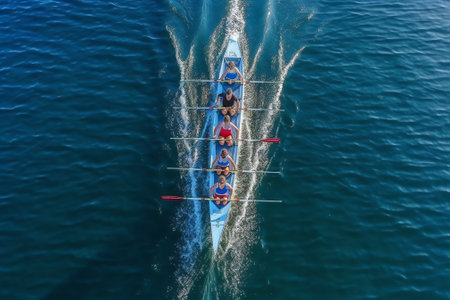Generative AI : Aerial view of a single rowing boat and oarsmen in Dubai Creek UAEの素材