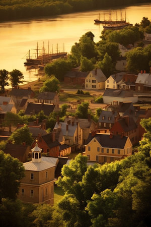 Generative AI : Aerial view of houses along the Loire river with sandbanks at sunset in Gennes MaineetLoire Franceの素材