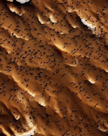Generative AI : Aerial view of flamingos in flight in National Park Marine Protected Area South Africaの素材