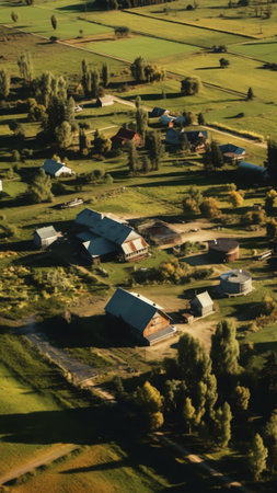 Generative AI : Aerial view of an abandoned farm close to the road in countryside of Estoniaの素材