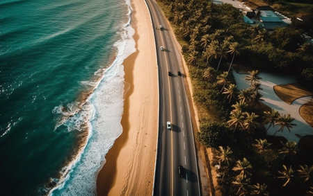 Generative AI : Aerial view of a railroad along the beach with ocean waves rolling on the shorelineの素材