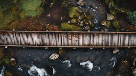Generative AI : Aerial view of Pedras Negras wooden walk in San Vicente O Grove Pontevedra Galicia Spainの素材